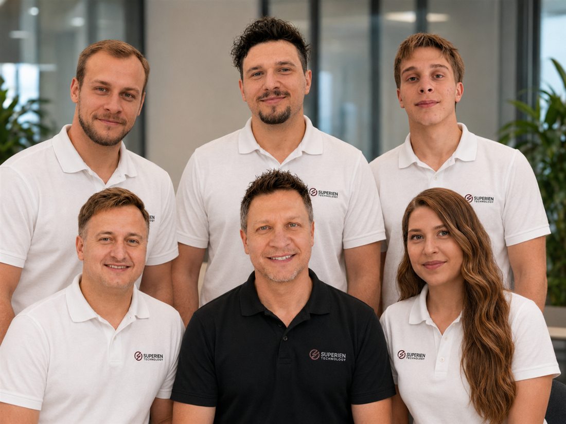 The Superien team, in branded polos at the office